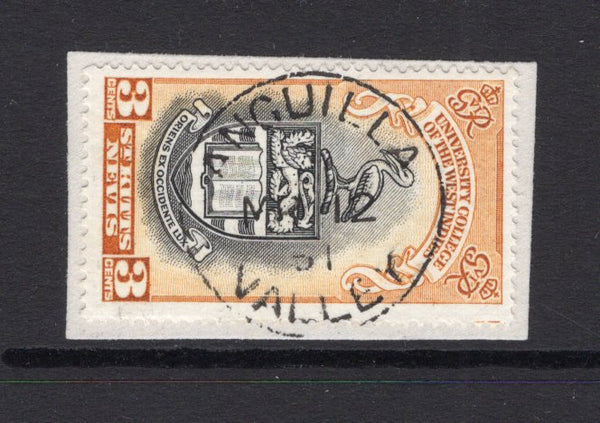 ANGUILLA - 1951 - CANCELLATION: 3c black & yellow orange 'Federation' issue of St Kitts & Nevis tied on small piece by fine ANGUILLA VALLEY cds dated MAY 12 1951. (SG 92)  (ANG/23970)