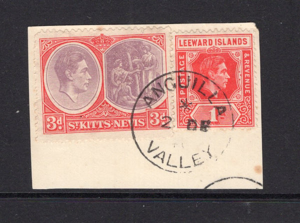 ANGUILLA - 1938 - CANCELLATION: 1d scarlet GVI issue of Leeward Islands (Die A) and 1938 3d dull reddish purple & scarlet GVI issue of St Kitts & Nevis tied together on small piece by fine ANGUILLA VALLEY cds dated 2 DEC 1940. (SG 99 & 73)  (ANG/28912)
