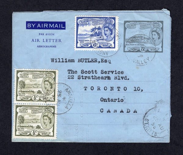 ANGUILLA - 1956 - POSTAL STATIONERY & CANCELLATION: 5c grey on light blue QE2 postal stationery airletter (H&G FG2) used with added 1954 pair ½c deep olive & 6c ultramarine (SG 106a & 112) tied by multiple strikes of ANGUILLA VALLEY cds dated 25 AUG 1956. Addressed to CANAD with transit cds on front. Nice commercial use.  (ANG/37111)