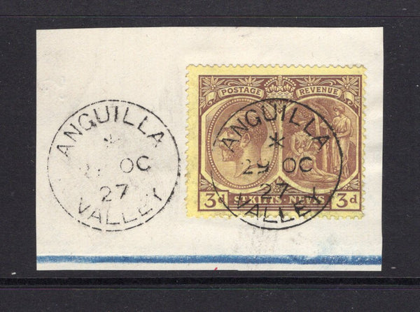 ANGUILLA - 1930 - CANCELLATION: 3d purple on yellow GV issue of St Kitts & Nevis a fine used copy tied on piece by ANGUILLA VALLEY cds dated 29 OC 1927 with second strike alongside. (SG 45a)  (ANG/6531)
