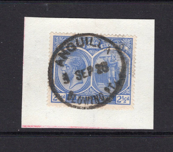 ANGUILLA - 1920 - CANCELLATION: 2½d ultramarine GV issue of St Kitts & Nevis tied on small piece by superb full strike of ANGUILLA BLOWING POINT cds dated 3 SEP 1928. Rare cancel. (SG 28)  (ANG/984)