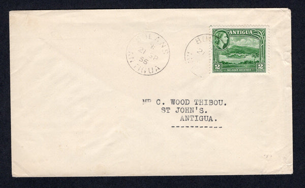 ANTIGUA - 1955 - CANCELLATION & RATE: Unsealed cover franked with single 1953 2c green QE2 issue (SG 122) tied by BULANS ANTIGUA cds with second strike alongside. Addressed to ST JOHNS with arrival cds on reverse.  (ANT/17720)