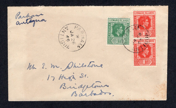 ANTIGUA - 1949 - CANCELLATION: Cover franked with Leeward Islands 1938 ½d emerald and pair 1d scarlet GVI issue (SG 96 & 99) tied by PARHAN ANTIGUA cds dated JAN 26 1949 with fine second strike alongside. Addressed to BRIDGETOWN, BARBADOS with ST JOHN'S ANTIGUA transit cds on reverse. A nice inter-island use.  (ANT/21220)