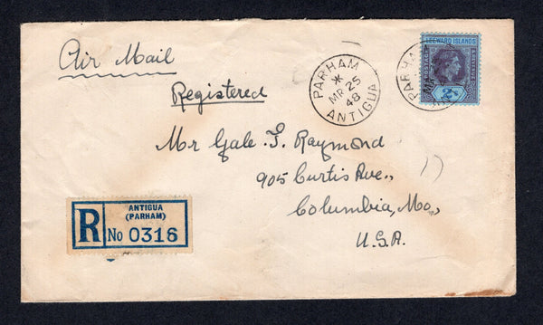 ANTIGUA - 1948 - REGISTRATION & CANCELLATION: Registered cover franked with single Leeward Islands 1938 2/- deep purple & blue on blue GVI issue (SG 111ab) tied by PARHAN ANTIGUA cds dated MAR 25 1948 with fine strike alongside and printed blue on white 'ANTIGUA (PARHAN)' registration label on front. Sent airmail to USA with transit & arrival marks on reverse. Complete original letter enclosed and a fine & scarce franking on a commercial cover.  (ANT/21221)