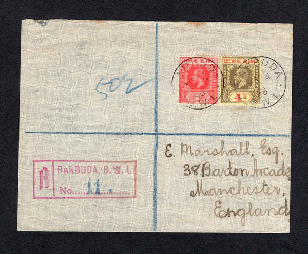 ANTIGUA - BARBUDA - 1926 - REGISTRATION: Registered cover franked with Leeward Islands 1921 1d carmine red and 4d black & red on pale yellow GV issue (SG 60 & 70) tied by two fine strikes of BARBUDA B.W.I. cds with lovely strike of boxed 'BARBUDA B.W.I. Registration marking in red with '11' handstamp in blue. Addressed to UK with transit and arrival marks on reverse. A rare cover.  (ANT/23773)