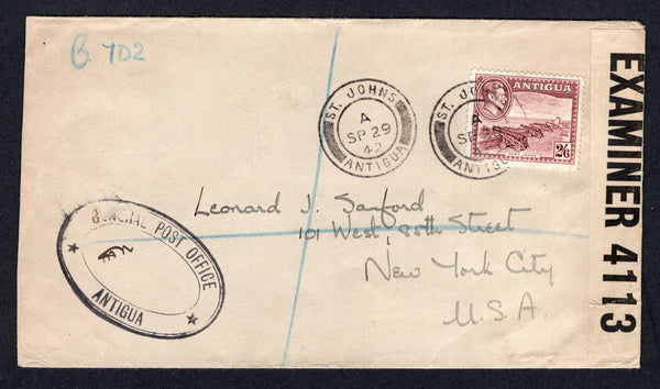 ANTIGUA - 1942 - HIGH VALUE FRANKING: Registered censored cover franked with single 1938 2/6 brown purple GVI issue (SG 106) tied by fine ST JOHNS cds's dated SEP 29 1942 with oval GENERAL POST OFFICE ANTIGUA official cachet alongside. Addressed to USA, censored with 'OPENED BY EXAMINER 4113' P.C.90 censor strip with manuscript 'B/2' added. Transit & arrival marks on reverse. A very scarce stamp genuinely used on cover.  (ANT/27417)