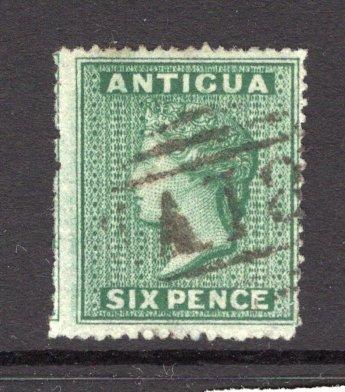 ANTIGUA - 1863 - CANCELLATION: 6d green 'QV' issue, watermark 'Small Star', perf 14-16 a superb used copy with good strike of 'A18' barred numeral cancel of ENGLISH HARBOUR. Scarce on this value. (SG 8)  (ANT/32611)