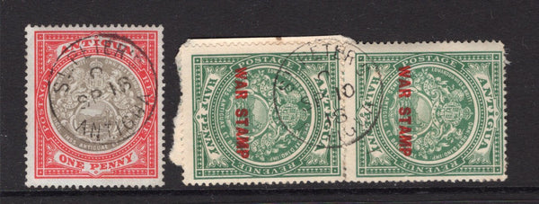 ANTIGUA - 1903 - CANCELLATION: 1d grey black & rose red 'Arms' issue and pair ½d green with 'WAR STAMP' overprint both used with good strikes of ST. PETER'S cds. (SG 32 & 53)  (ANT/34607)