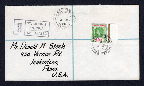 ANTIGUA - 1956 - REGISTRATION: Registered cover franked with single 1954 $1.20 yellow green & rose red QE2 issue (SG 138) tied by fine strike of ST. JOHNS ANTIGUA cds dated 4 JUN 1956 with second strike and boxed 'ST. JOHN'S ANTIGUA' registration marking alongside. Addressed to USA with transit & arrival marks on reverse. A scarce issue used on cover, which was only in use for less than 2 years.  (ANT/35945)