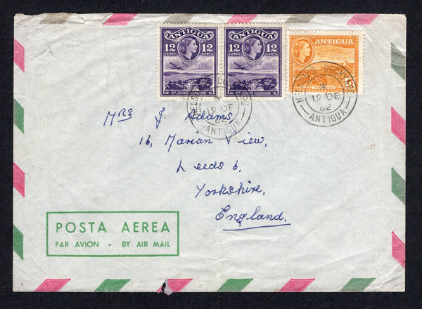 ANTIGUA - 1962 - CANCELLATION: Airmail cover franked with 1953 6c yellow ochre and pair 45c violet QE2 issue (SG 126 & 128) tied by two strikes of NELSON'S DOCKYARD cds dated 19 DEC 1962. Addressed to UK. Couple of peripheral tears but otherwise an uncommon cancel.  (ANT/35946)