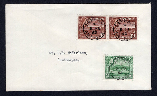 ANTIGUA - 1962 - CANCELLATION: Cover franked with 1953 pair ½c brown and 2c green QE2 issue (SG 120a & 122) tied by three superb strikes of PARHAM cds dated 9 FEB 1962. Addressed locally to GUNTHORPES.  (ANT/37093)