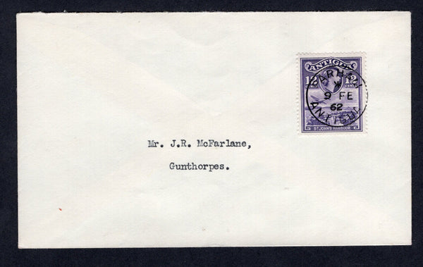 ANTIGUA - 1962 - CANCELLATION: Cover franked with single 1953 12c violet QE2 issue (SG 128) tied by superb strike of PARHAM cds dated 9 FEB 1962. Addressed locally to GUNTHORPES.  (ANT/37095)
