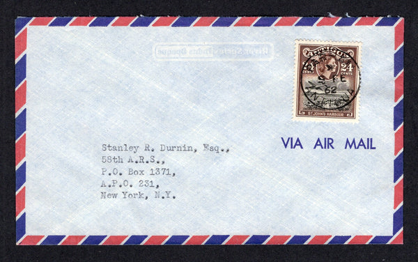 ANTIGUA - 1962 - CANCELLATION: Airmail cover franked with single 1953 24c black & chocolate QE2 issue (SG 129) tied by superb strike of PARHAM cds dated 9 FEB 1962. Addressed to USA.  (ANT/37096)