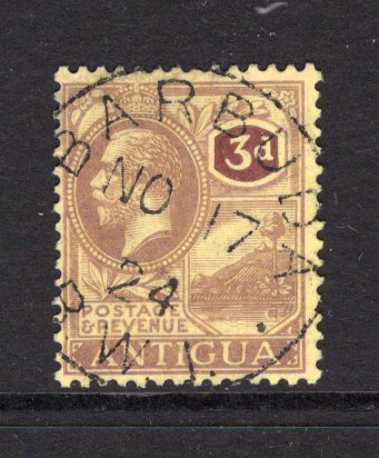 ANTIGUA - BARBUDA - 1921 - CANCELLATION: 3d purple on pale yellow GV issue superb used with complete strike of BARBUDA B.W.I. cds dated NOV 17 1924. (SG 74)  (ANT/39231)