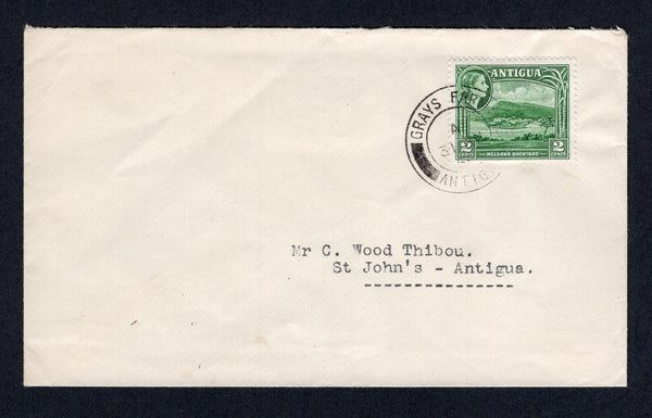 ANTIGUA - 1955 - CANCELLATION: Cover franked with single 1953 2c green QE2 issue (SG 122) tied by good strike of GRAYS FARM cds dated 31 AUG 1955. Addressed internally to ST. JOHN'S with arrival cds on reverse. A scarce origination.  (ANT/39583)