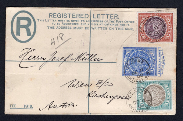 ANTIGUA - 1908 - POSTAL STATIONERY & REGISTRATION: 2d ultramarine postal stationery registered envelope (H&G C1) used with added 1903 ½d grey black & grey green and 2d dull purple & brown 'Arms' issue (SG 31 & 33) tied by ST. JOHN'S cds's dated DEC 11 1908. Addressed to AUSTRIA with transit & arrival marks on reverse. Very fine & attractive.  (ANT/39585)