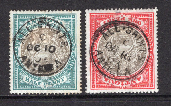 ANTIGUA - 1903 - CANCELLATION: ½d grey black & grey green and 1d grey black & rose red 'Arms' issue both used with superb central strikes of ALL SAINTS cds dated OCT 10 1903 and DEC 16 1903 respectively. The ½d has some light toning on perfs. (SG 31/32)  (ANT/40339)