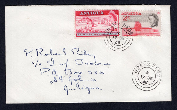ANTIGUA - 1968 - CANCELLATION: Commercial cover franked with 1966 3c rose red & black and 1968 2c light blue & carmine QE2 issues (SG 183 & 221) tied by fine strike of GRAYS FARM cds dated 17 DEC 1968 with second strike alongside. Addressed internally to ST. JOHN'S.  (ANT/40340)