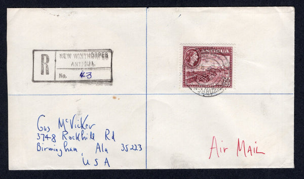 ANTIGUA - 1971 - REGISTRATION & CANCELLATION: Registered cover franked with single 1953 60c maroon QE2 issue (SG 131) tied by fair NEW WINTHORPES cds dated 24 MAY 1971 with good strike of boxed 'NEW WINTHORPES' registration marking alongside. Sent airmail to USA with transit & arrival marks on reverse. A scarce origination.  (ANT/40344)