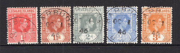 ANTIGUA - BARBUDA - 1938 - CANCELLATION: 1d scarlet, 1½d chestnut, 2d slate grey, 2½d light bright blue and 3d pale orange GVI Leeward Islands issue all used with fine strikes of BARBUDA cds dated OCT 1 1946. (SG 99, 101, 103b, 105a & 107a)  (ANT/40565)