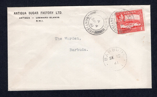 ANTIGUA - BARBUDA - 1941 - INCOMING MAIL & RATE: Incoming printed 'Antigua Sugar Factory Ltd. Antigua - Leeward Islands B.W.I.' cover sent from Antigua franked with single 1938 1d scarlet GVI issue (SG 99) tied by ST. JOHNS cds dated SEP 4 1941. Addressed to 'The Warden, Barbuda' with fine strike of BARBUDA arrival cds dated SEP 12 1941 on front,  (ANT/40567)
