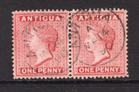 ANTIGUA - 1884 - CLASSIC ISSUES: 1d rose 'QV' issue watermark 'Crown CA', perf 14, a fine used pair with light ANTIGUA cds's dated MAR 14 1890. (SG 26)  (ANT/9780)