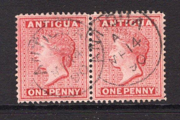 ANTIGUA - 1884 - CLASSIC ISSUES: 1d rose 'QV' issue watermark 'Crown CA', perf 14, a fine used pair with light ANTIGUA cds's dated MAR 14 1890. (SG 26)  (ANT/9780)