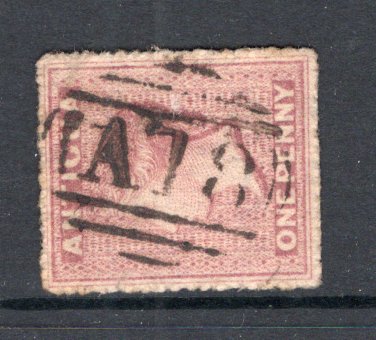 ANTIGUA - 1863 - CANCELLATION: 1d rosy mauve 'QV' issue, watermark 'Small Star', perf 14-16 a superb used copy with complete strike of 'A18' barred numeral cancel of ENGLISH HARBOUR. Scarce. (SG 5)  (ANT/9787)