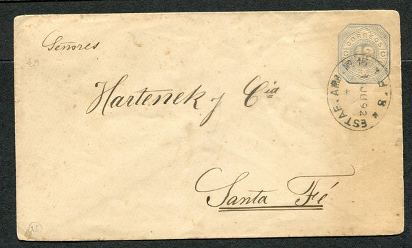 ARGENTINA - 1892 - TRAVELLING POST OFFICES: 12c grey postal stationery envelope (H&G B6) used with superb strike of oval ESTAF. AMB No. 15 S.F. cancel in black dated JUN 1892. Addressed to SANTA FE. Envelope lightly toned at right but very scarce.  (ARG/13030)
