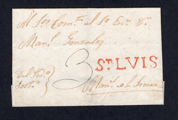 ARGENTINA - 1828 - SPANISH COLONIAL PERIOD: Circa 1828. Small outer wrapper from SAN LUIS to MANANTIALES EN LA SIERRA with fine strike of straight line SN LVIS marking in red. Rated '3' in manuscript. Very fine for this period.  (ARG/17403)