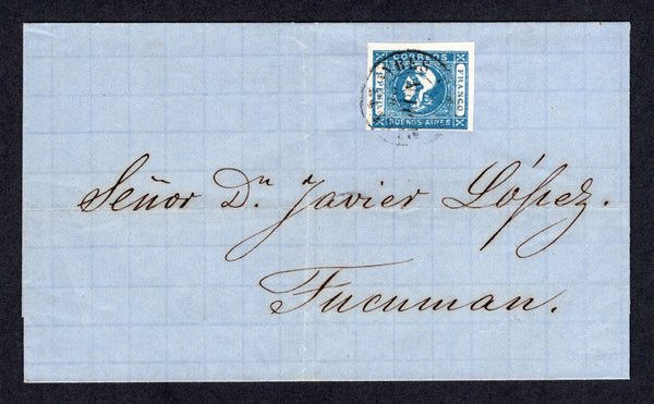 ARGENTINA - BUENOS AIRES - 1859 - CLASSIC ISSUES: Cover franked with 1859 1p blue 'Liberty' issue later impression from worn plate (SG P40) a fine four margin copy tied by BUENOS AIRES cds. Addressed to TUCUMAN. A very scarce issue on cover.  (ARG/18606)