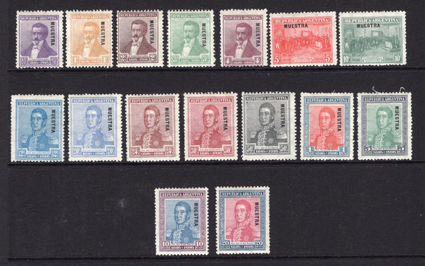 ARGENTINA - 1916 - DEFINITIVE ISSUE: 'Independence Centenary' SAN MARTIN issue dated '1816-1916', the set of sixteen with 'MUESTRA' (Specimen) overprint in black. (SG 417/432)  (ARG/23229)
