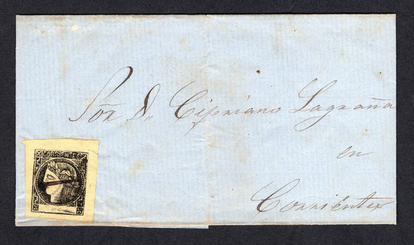 ARGENTINA - CORRIENTES - 1867 - CLASSIC ISSUES: Circa 1867. Cover franked with four large margin 1867 2c black on lemon yellow 'Ceres' issue (SG P63, position 4 of the plate) cancelled by CAA CATI manuscript penstroke cancel. Addressed to CORRIENTES.  (ARG/23404)