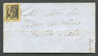 ARGENTINA - CORRIENTES - 1870 - CLASSIC ISSUES: Cover franked with four large margin 1867 2c black on lemon yellow 'Ceres' issue (SG P63, position 6 of the plate) cancelled by GOYA manuscript cancel comprising wavy line crossing two straight lines. Addressed to BELLA VISTA.  (ARG/23405)