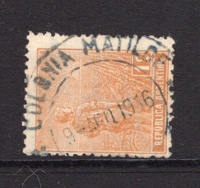 ARGENTINA - 1912 - CANCELLATION: 1c yellow brown 'Ploughman' issue used with good strike of COLONIA MATILDE cds dated 9 AUG 1916.  Colonia Matilde was an Italian colony started in 1879. Scarce cancel. (SG 396a)  (ARG/25260)