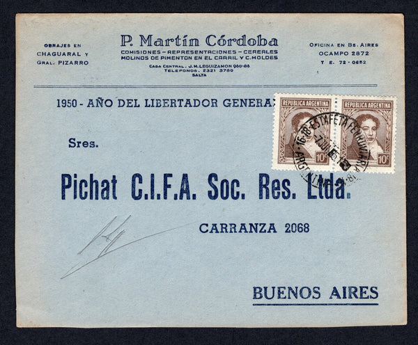 ARGENTINA - 1951 - TRAVELLING POST OFFICES: Printed company envelope from SALTA franked with pair 1945 10c maroon (SG 753) tied by good strike of 16-18 ESTAFETA FERROVIARIA cds dated 7 JUN 1951. Addressed to BUENOS AIRES.  (ARG/26485)