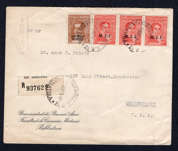 ARGENTINA - 1939 - MINISTERIAL ISSUES: Registered Official cover with printed 'Universidad de Buenos Aires - Facultad de Ciencias Medicas Biblioteca' insignia on front franked with strip of three 1936 10c scarlet 'M.J.I.' overprint issue (SG OD68E) plus 1938 5c orange brown with 'SERVICIO OFICIAL' overprint (SG O671) all tied by BUENOS AIRES cds's with black on white registration label and official signature handstamp all on front. Addressed to USA with arrival cds's on reverse.  (ARG/26488)