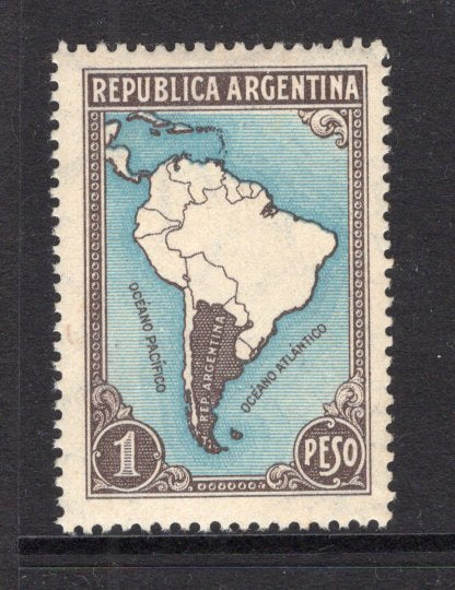 ARGENTINA - 1945 - DEFINITIVE ISSUE: 1p light blue & chocolate 'Map' issue with frontiers, a fine mint copy. (SG 660)  (ARG/26708)