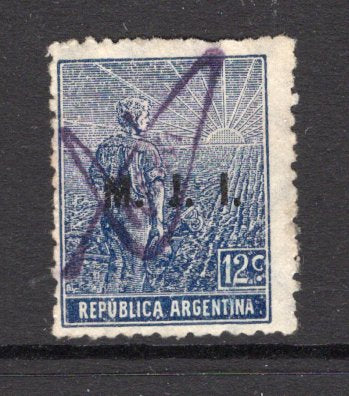 ARGENTINA - 1913 - MINISTERIAL ISSUES: 12c blue 'Ploughman' issue with 'M.J.I.' overprint (Ministry of Justice & Instruction) a fine lightly used copy with full 'Pedro N Arata' signature handstamp in purple. Uncommon. (SG OD5E)   (ARG/2766)