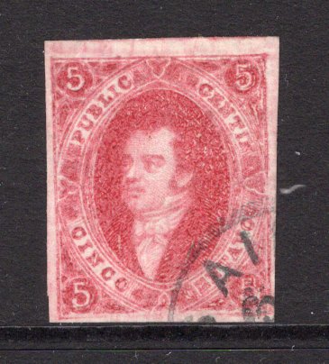 ARGENTINA - 1872 - CLASSIC ISSUES: 5c carmine 'Rivadavia' issue 1872 'Provisional' printing on thin white paper showing an oily impression. A superb copy four large margins used with small part BUENOS AIRES cds. Very fine for this issue. (SG 26)  (ARG/27926)