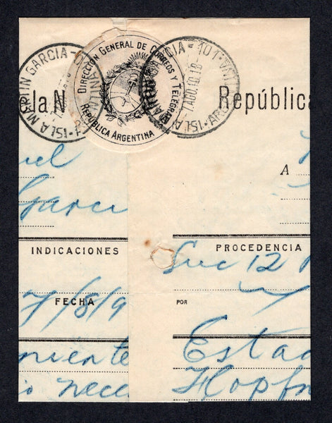 ARGENTINA - 1940 - GRAF SPEE & TELEGRAM: Headed 'Republica Argentina Telegrafo de la Nacion' document with good example of the black on white 'Telegraph Seal' tied by two fine strikes of ISLA MARTIN GARCIA 101 cds dated 7 AUG 1940 with oval ESTADO MAYOR GENERAL DE LA ARMADA ARCHIVO GENERAL SECRETARIA GENERAL NAVAL cachet in black at bottom. Sent from the Hospital Aleman to the 'Mayor Don Miguel' on Martin Garcia with message concerning Arturo Luck (Arthur Lueck) who was a civilian member of the Graf Spee c
