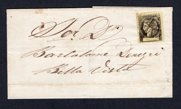 ARGENTINA - 1867 - CORRIENTES - CLASSIC ISSUES: Circa 1867 cover datedlined 'Paladas Novre 6' franked with 1867 2c black on lemon yellow, a fine copy with four huge margins (SG P63) cancelled by two diagonal manuscript pen strokes. Addressed to BELLA VISTA. Very attractive.  (ARG/27958)