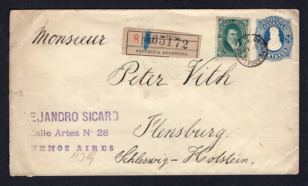 ARGENTINA - 1891 - POSTAL STATIONERY & REGISTRATION: 24c blue on yellowish laid paper postal stationery envelope (H&G B4) used with added 1877 16c green 'Rouletted' issue (SG 41) tied by CERTIFICADOS EXPD No.1 cds dated NOV 10 1891 with printed red & black on buff 'CAPITAL' registration label alongside. Addressed to GERMANY with arrival cds on reverse. A very fine example of a scarce envelope in used condition.  (ARG/28951)
