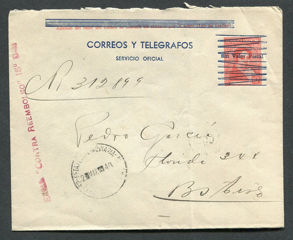 ARGENTINA - 1940 - OFFICIAL POSTAL STATIONERY & TRAVELLING POST OFFICES: 10c red 'Rivadavia' postal stationery envelope with 'CORREOS Y TELEGRAFOS SERVICIO OFICIAL SIN VALOR POSTAL' overprint in blue sent registered with manuscript 'R 312899' marking and light ESTAFETA FERROVIARIA 32 cds. Addressed to BUENOS AIRES.  (ARG/28956)