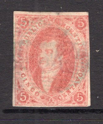 ARGENTINA - 1864 - CLASSIC ISSUES: 5c rose red 'Rivadavia' issue, fine impression from the first printing, imperf, fine lightly used with just four margins. (SG 13)  (ARG/29798)