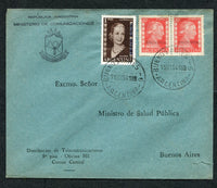 ARGENTINA - 1954 - OFFICIAL MAIL & EVA PERON: Printed 'Ministerio de Communicaciones' OFFICIAL cover franked with 1953 pair 20c rose red and 1p deep brown 'Eva Peron' issue with 'SERVICIO OFICIAL' overprints (SG O856 & O862) tied by BUENOS AIRES cds dated 11 OCT 1954. Addressed to the 'Ministerio del Interior, Buenos Aires'. Uncommon issue on cover.  (ARG/30231)