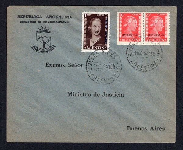 ARGENTINA - 1954 - OFFICIAL MAIL & EVA PERON: Printed 'Ministerio de Communicaciones' OFFICIAL cover franked with 1953 pair 20c rose red and 1p deep brown 'Eva Peron' issue with 'SERVICIO OFICIAL' overprints (SG O856 & O862) tied by BUENOS AIRES cds dated 11 OCT 1954. Addressed to the 'Ministerio del Interior, Buenos Aires'. Uncommon issue on cover.  (ARG/30232)