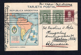 ARGENTINA - 1935 - POSTAL STATIONERY: 4c chocolate brown 'San Martin' postal stationery card with 'Map' at left and statistics on reverse (H&G 48, mailing half only) used with added pair 1935 3c green (SG 647) tied by BUENOS AIRES cancels dated 29. 11. 1935. Addressed to GERMANY with manuscript 'Por Vapor Cap Arcona' ship endorsement.  (ARG/31191)