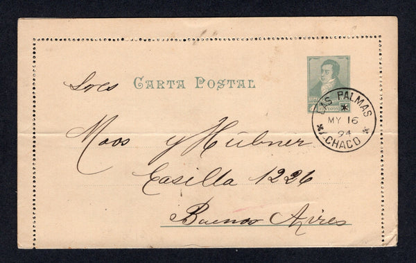 ARGENTINA - 1894 - CANCELLATION: 4c greyish green 'Rivadavia' postal stationery lettercard (H&G A12) used with superb strike of LAS PALMAS CHACO thimble cds dated MAY 16 1894. Addressed to BUENOS AIRES with arrival cds on reverse. A rare cancel and origination.  (ARG/31322)