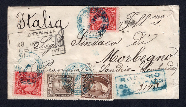 ARGENTINA - 1887 - REGISTRATION: Registered cover franked with 1873 4c brown 'National Banknote Co.' issue and 1888 2 x 5c rose and 10c yellowish brown 'Small' Portrait issue (SG 32, 127 & 130) tied by OFICINA CERTIFICADOS ROSARIO cds's in blue dated 14 FEB 1891 with boxed ROSARIO CERTIFICADO handstamp in blue alongside. Addressed to ITALY with transit & arrival marks on front & reverse. Original letter enclosed. A superb and rare franking.  (ARG/31493)